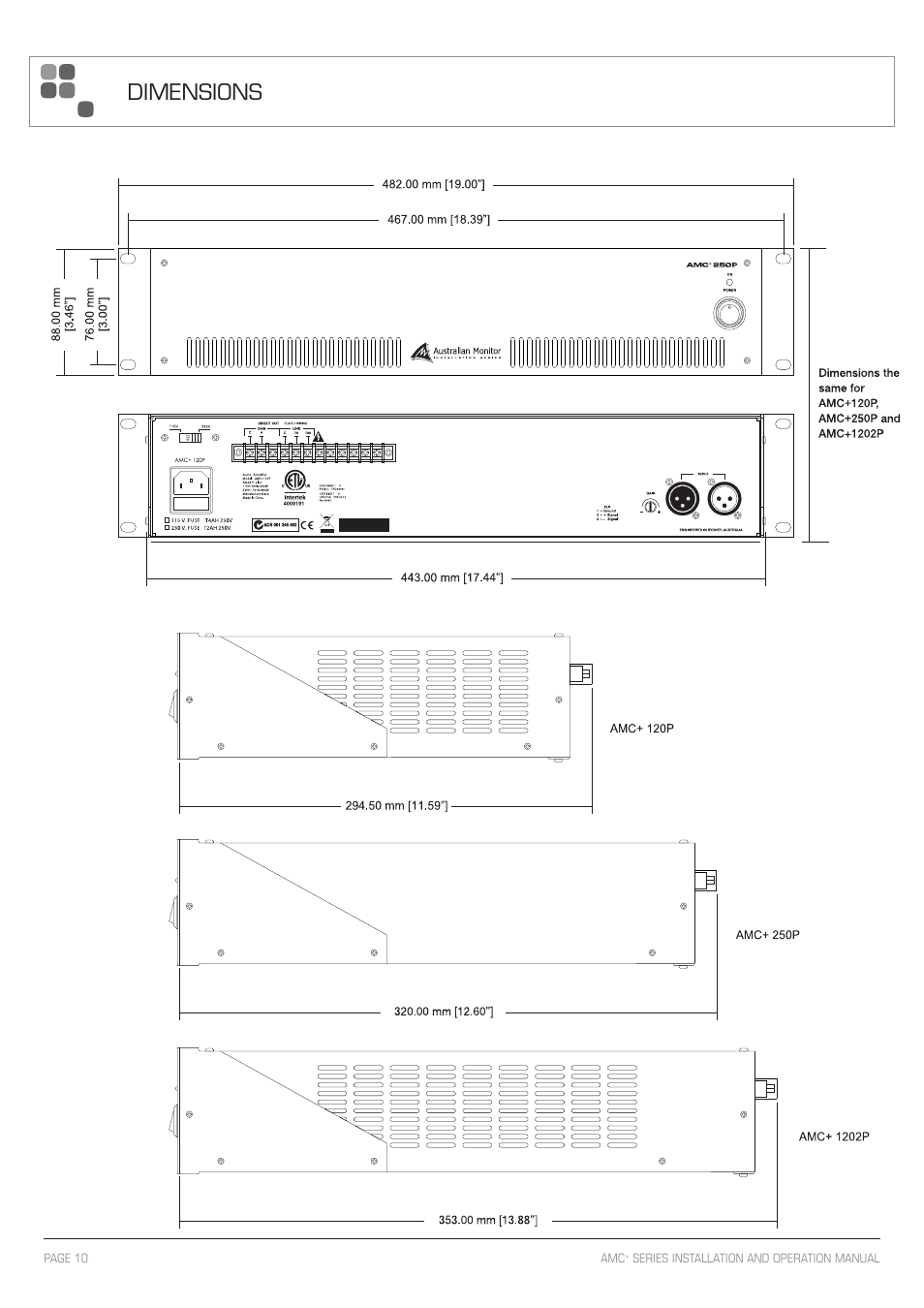 Dimensions | Sonodyne AMC+250P User Manual | Page 10 / 12