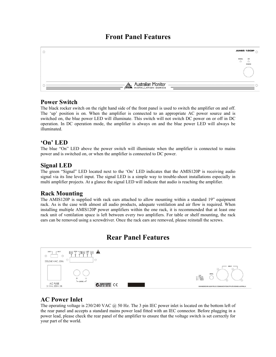 Front panel features, Rear panel features | Sonodyne AMIS 120P User Manual | Page 2 / 5