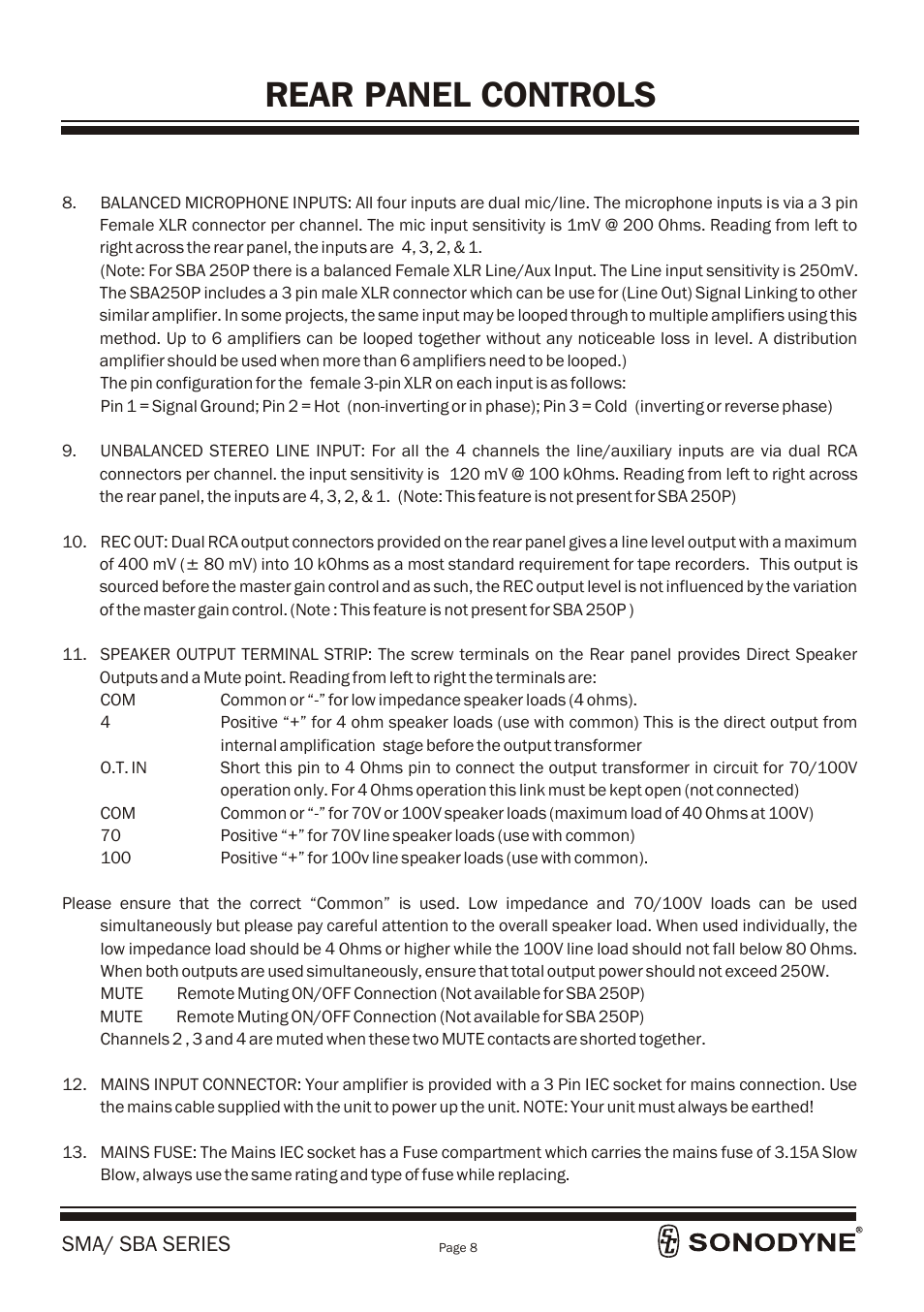 Rear panel controls, Sma/ sba series | Sonodyne SBA 250P User Manual | Page 10 / 18