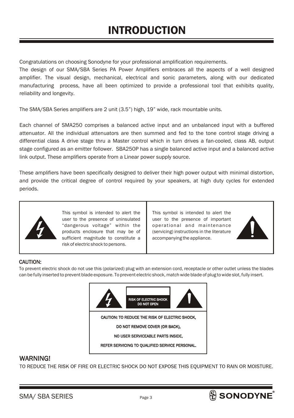 Introduction, Caution, Sma/ sba series | Sonodyne SBA 250P User Manual | Page 5 / 18