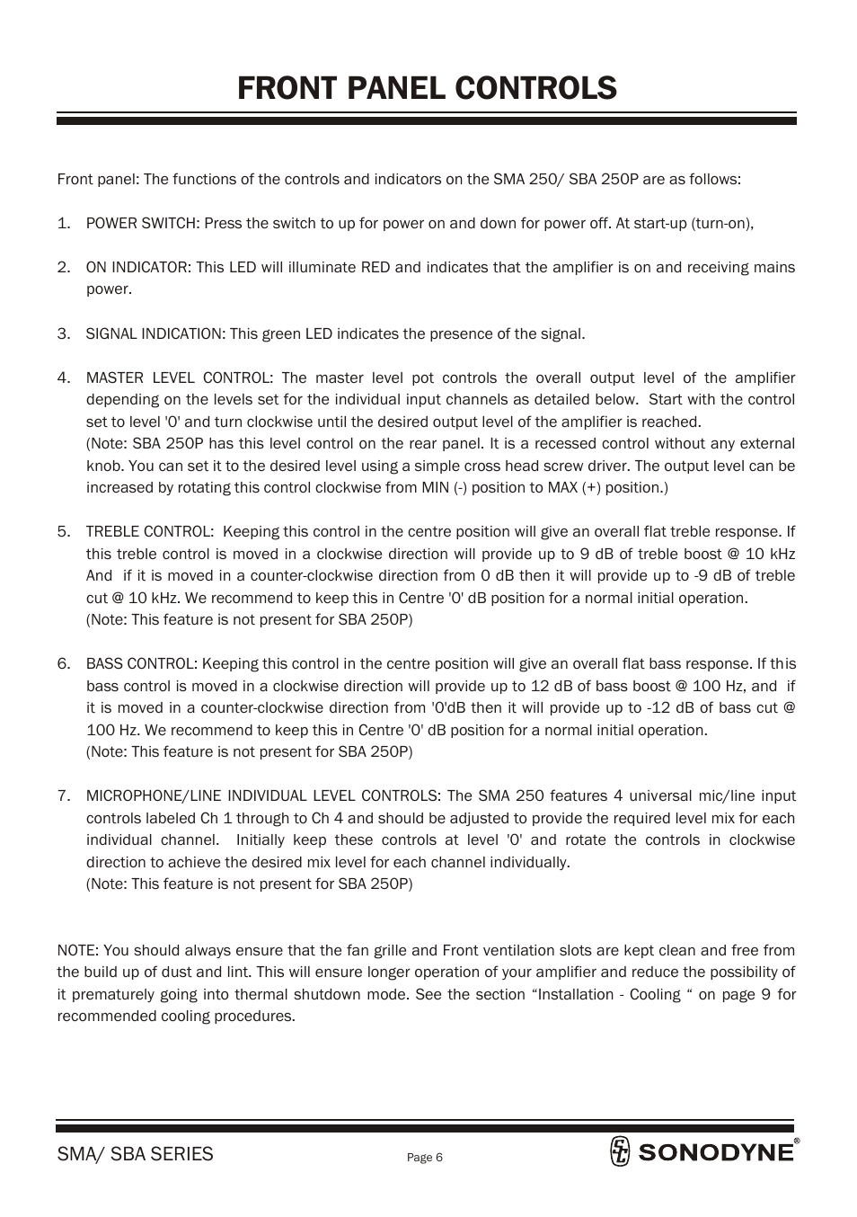 Front panel controls, Sma/ sba series | Sonodyne SBA 250P User Manual | Page 8 / 18