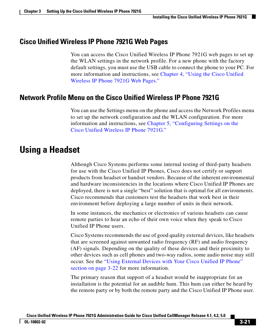 Using a headset, Cisco unified wireless ip phone 7921g web pages | Cisco 7921G User Manual | Page 21 / 30