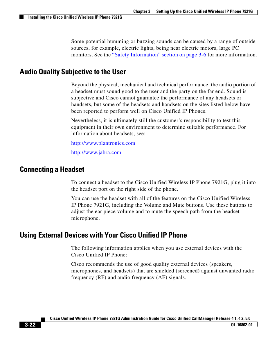 Audio quality subjective to the user, Connecting a headset | Cisco 7921G User Manual | Page 22 / 30