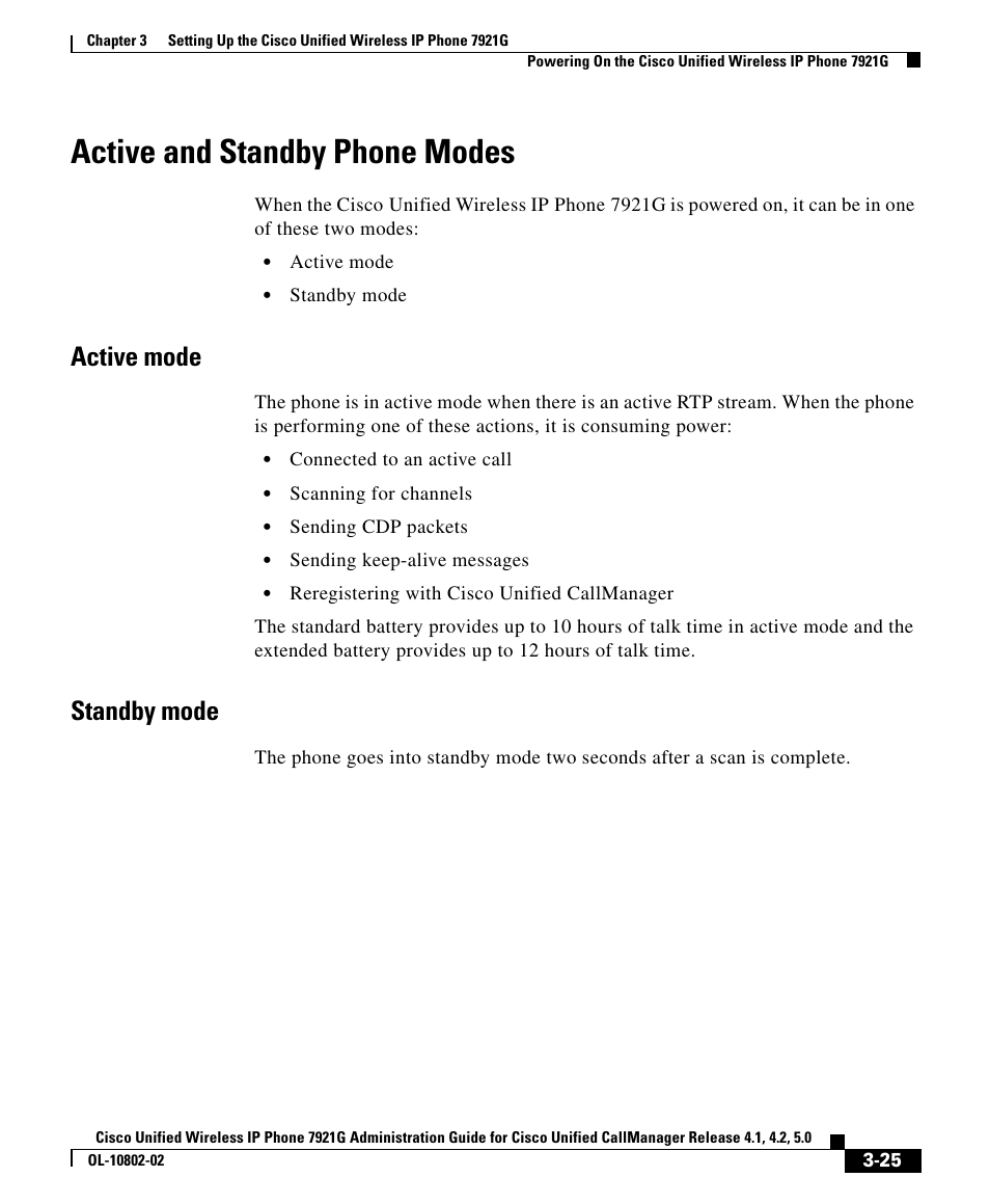 Active and standby phone modes, Active mode, Standby mode | Cisco 7921G User Manual | Page 25 / 30