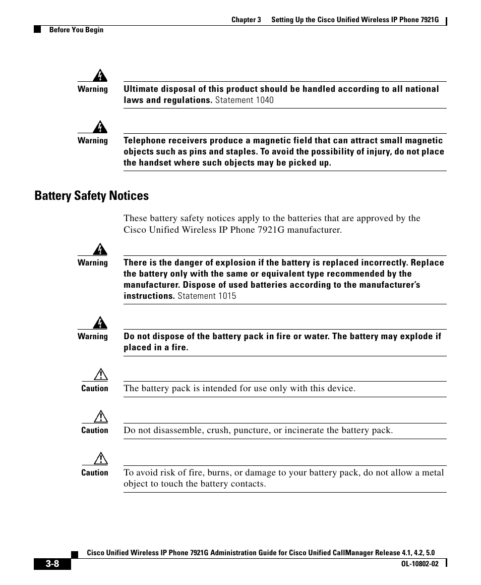 Battery safety notices | Cisco 7921G User Manual | Page 8 / 30