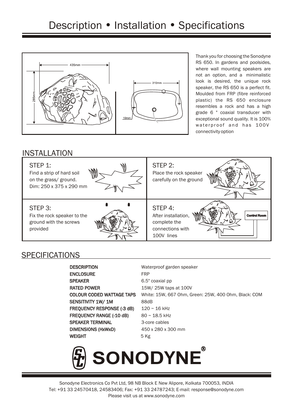 Description ∑ installation ∑ specifications, Specifications, Installation | Sonodyne RS 650 User Manual | Page 2 / 2