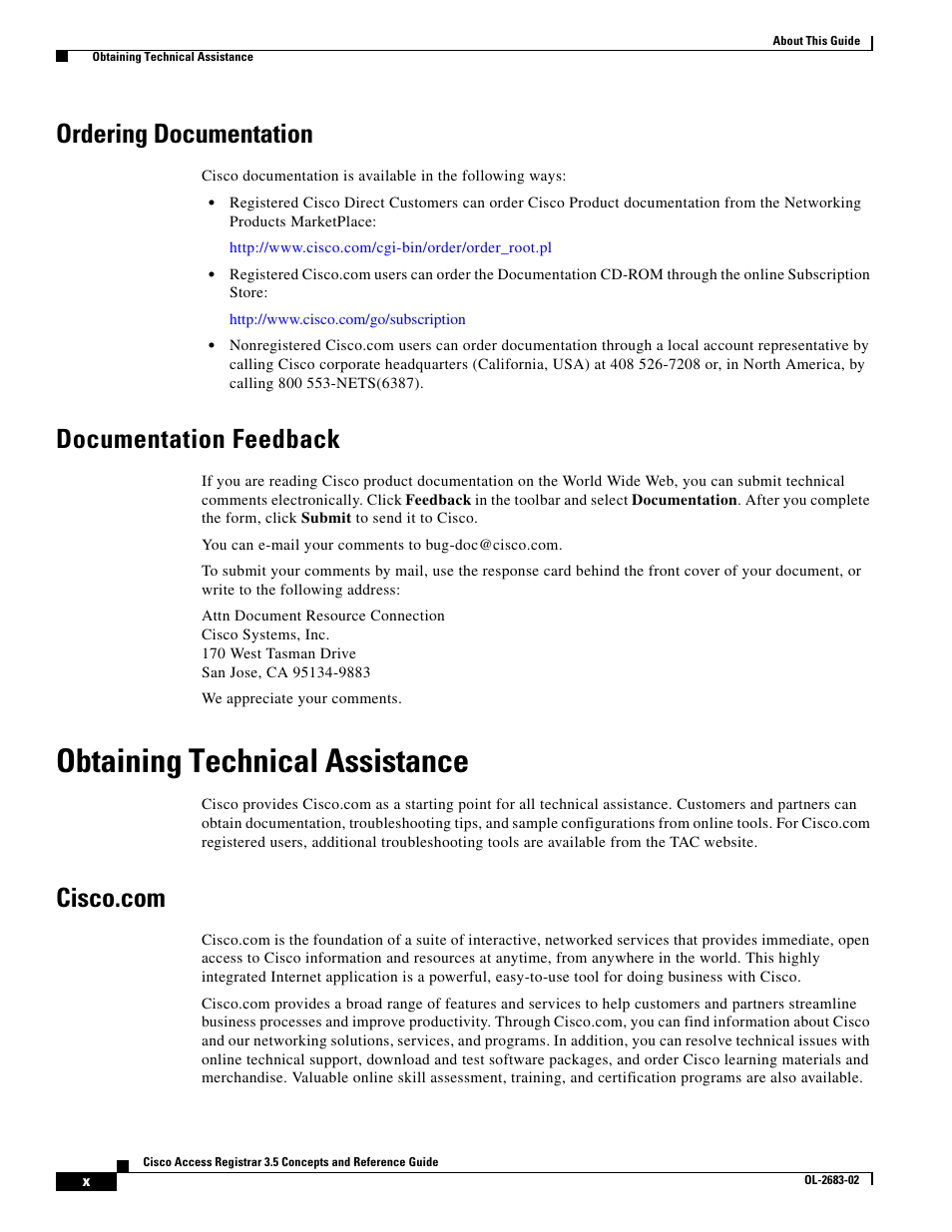 Ordering documentation, Documentation feedback, Obtaining technical assistance | Cisco.com | Cisco Cisco Access Registrar 3.5 User Manual | Page 10 / 80