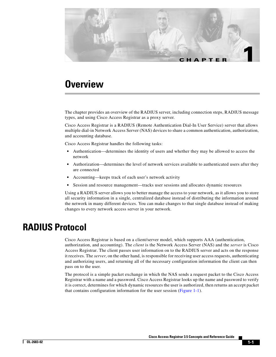 Overview, Radius protocol, C h a p t e r | Chapter 1, “overview | Cisco Cisco Access Registrar 3.5 User Manual | Page 13 / 80