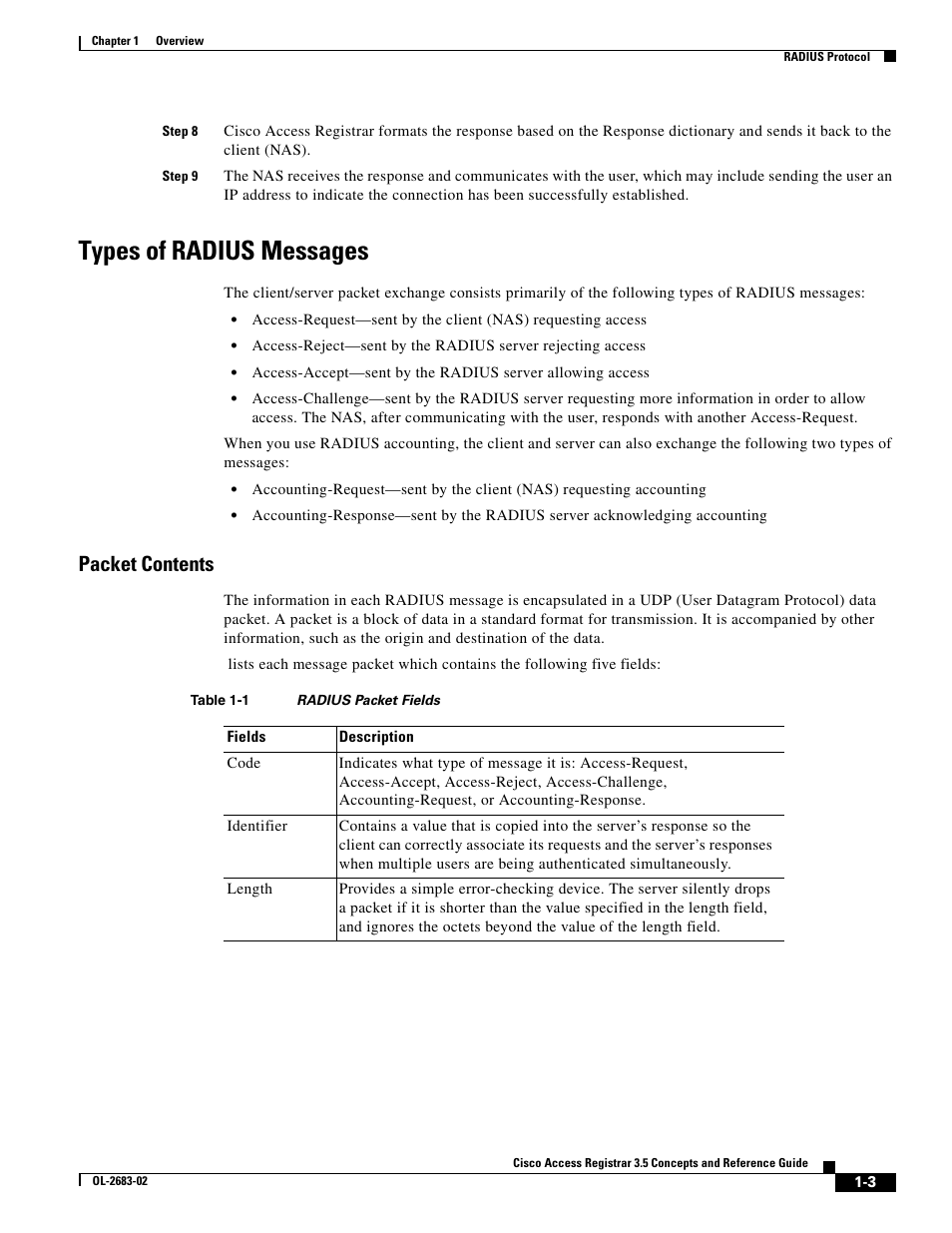 Types of radius messages, Packet contents | Cisco Cisco Access Registrar 3.5 User Manual | Page 15 / 80