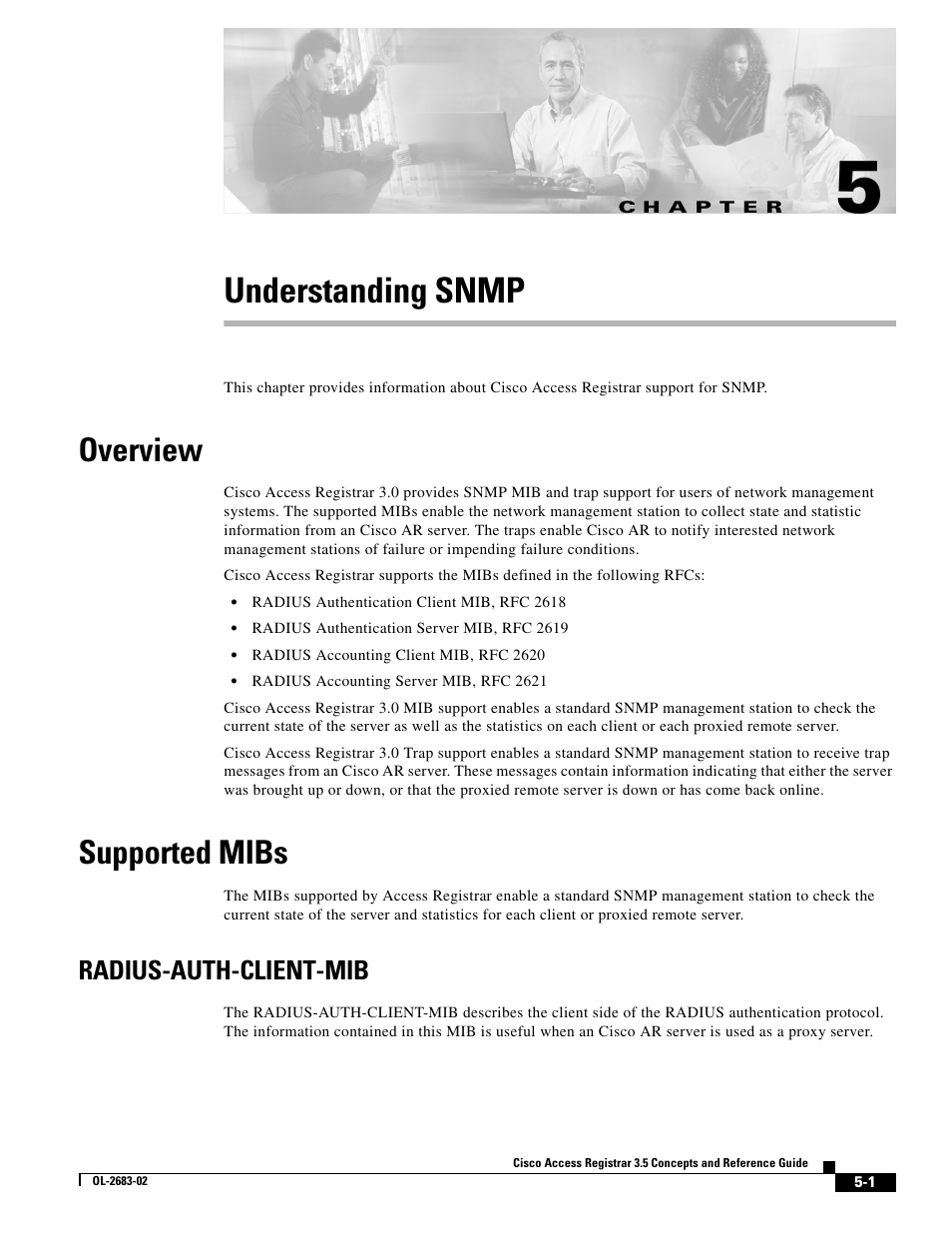Understanding snmp, Overview, Supported mibs | Radius-auth-client-mib, C h a p t e r, Chapter 5, “understanding snmp | Cisco Cisco Access Registrar 3.5 User Manual | Page 47 / 80