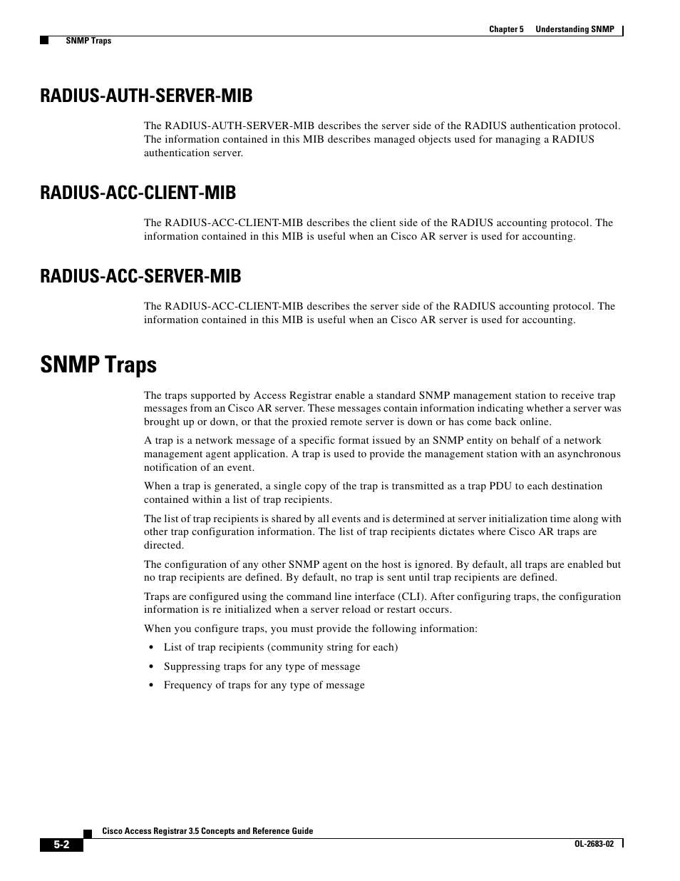 Radius-auth-server-mib, Radius-acc-client-mib, Radius-acc-server-mib | Snmp traps | Cisco Cisco Access Registrar 3.5 User Manual | Page 48 / 80