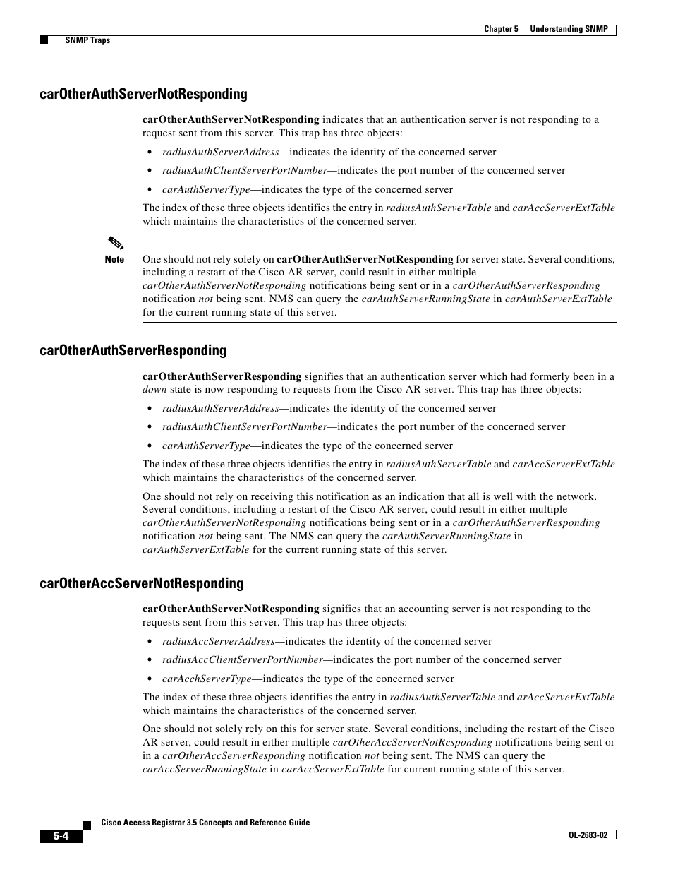 Carotherauthservernotresponding, Carotherauthserverresponding, Carotheraccservernotresponding | Cisco Cisco Access Registrar 3.5 User Manual | Page 50 / 80