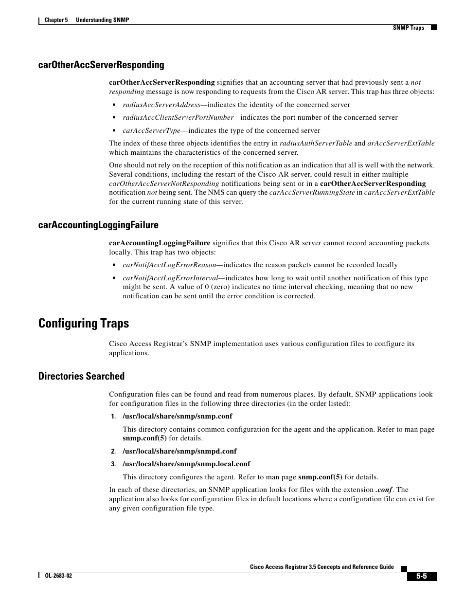 Carotheraccserverresponding, Caraccountingloggingfailure, Configuring traps | Directories searched | Cisco Cisco Access Registrar 3.5 User Manual | Page 51 / 80