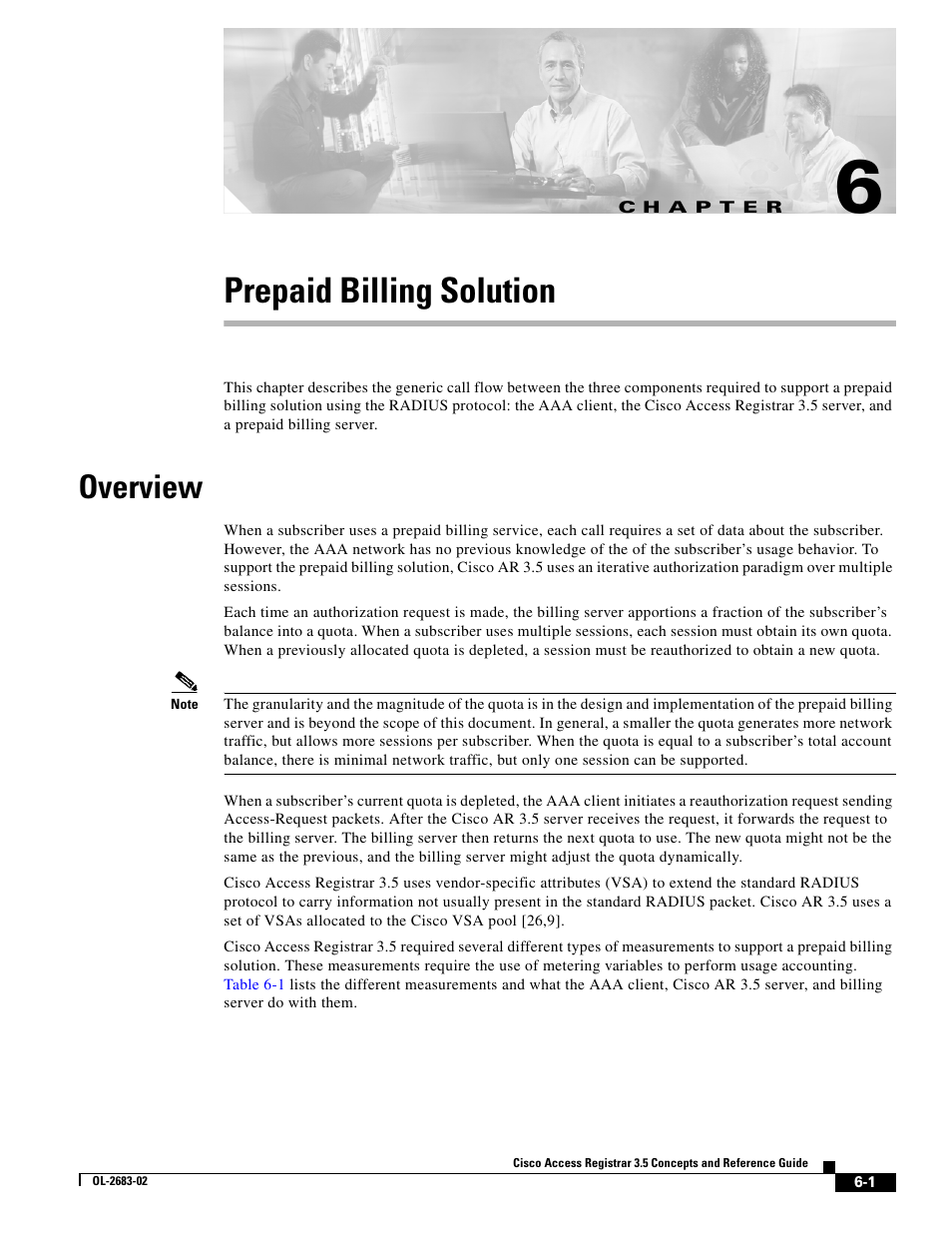 Prepaid billing solution, Overview, C h a p t e r | Chapter 6, “prepaid billing solution | Cisco Cisco Access Registrar 3.5 User Manual | Page 55 / 80