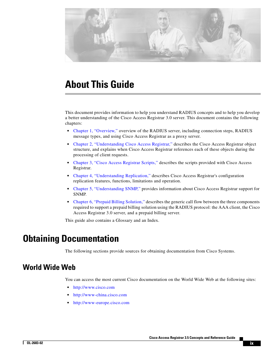 About this guide, Obtaining documentation, World wide web | Cisco Cisco Access Registrar 3.5 User Manual | Page 9 / 80