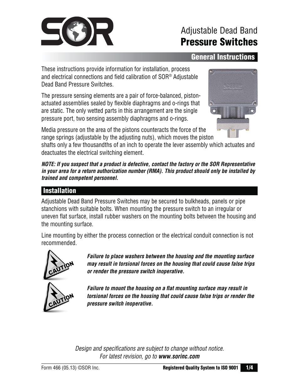 SOR Adjustable Dead Band Weatherproof Pressure Switch User Manual | 4 pages