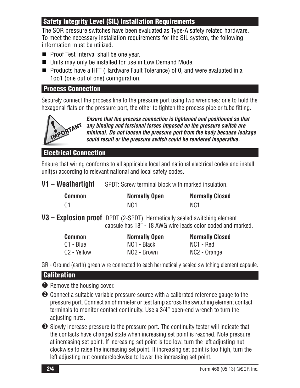 V1 – weathertight, V3 – explosion proof | SOR Adjustable Dead Band Weatherproof Pressure Switch User Manual | Page 2 / 4