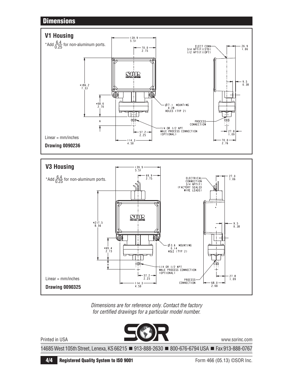 Dimensions, V1 housing v3 housing | SOR Adjustable Dead Band Weatherproof Pressure Switch User Manual | Page 4 / 4