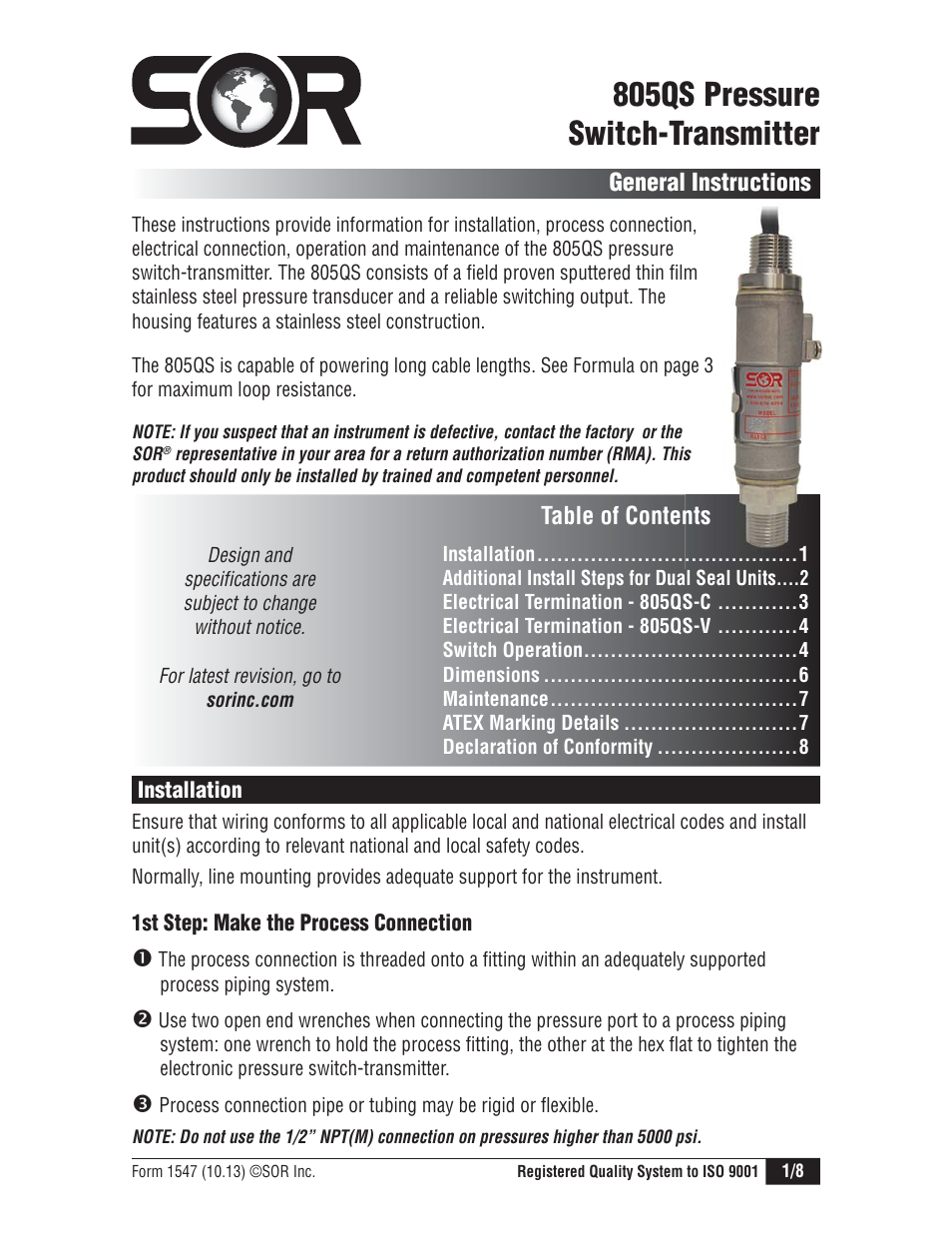 SOR 805QS Pressure Switch-Transmitter User Manual | 8 pages