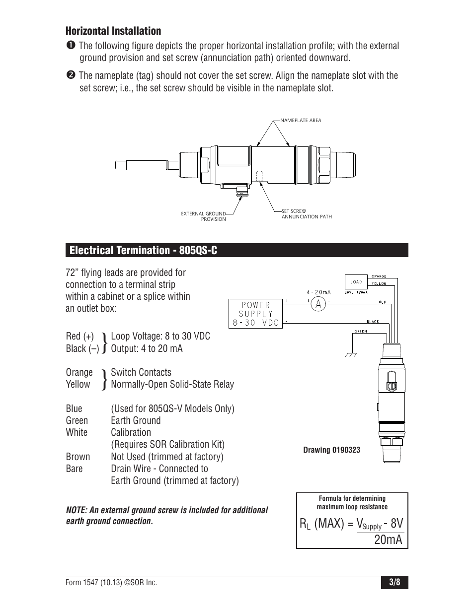 Max) = v, 8v 20ma | SOR 805QS Pressure Switch-Transmitter User Manual | Page 3 / 8