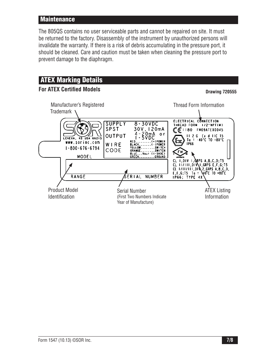 Atex marking details | SOR 805QS Pressure Switch-Transmitter User Manual | Page 7 / 8