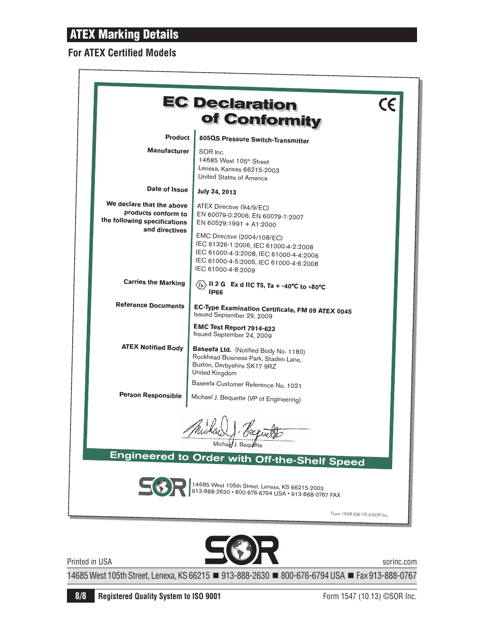 Ec declaration of conformity, Atex marking details, For atex certifi ed models | SOR 805QS Pressure Switch-Transmitter User Manual | Page 8 / 8