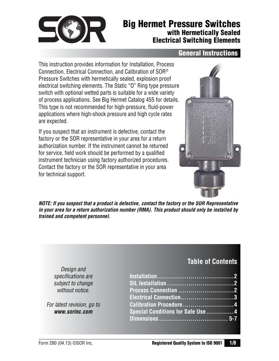 SOR Big Hermet Explosion Proof, Hermetically Sealed, Pressure Switch User Manual | 8 pages
