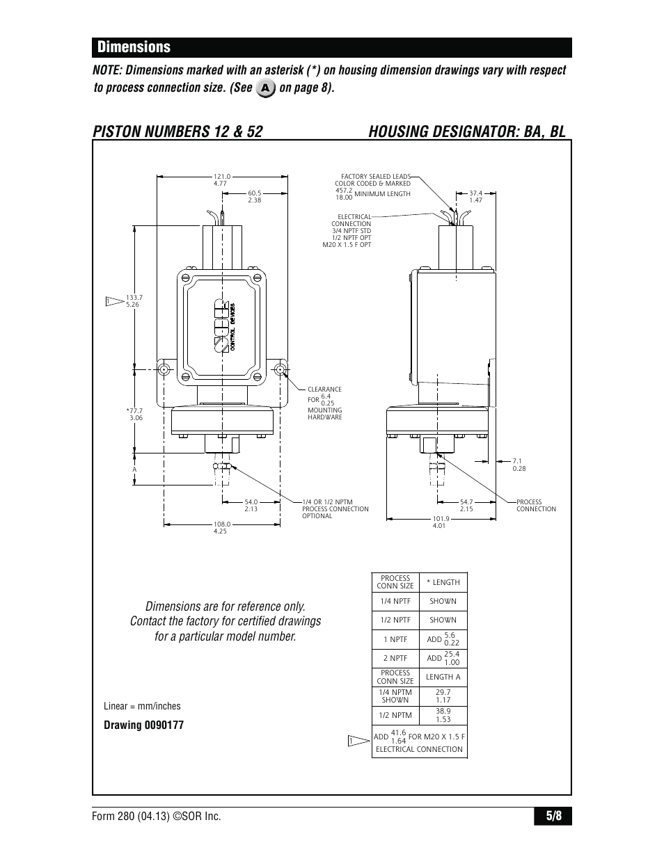 Dimensions, Piston numbers 12 & 52 housing designator: ba, bl, On page 8) | SOR Big Hermet Explosion Proof, Hermetically Sealed, Pressure Switch User Manual | Page 5 / 8