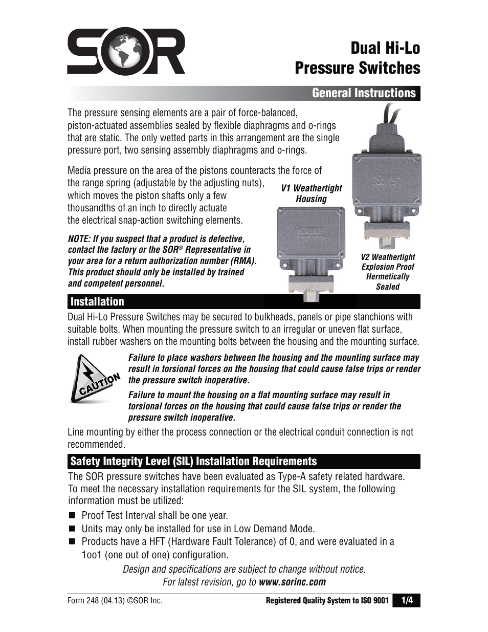 SOR Dual Hi-Lo Weatherproof Pressure Switch User Manual | 4 pages