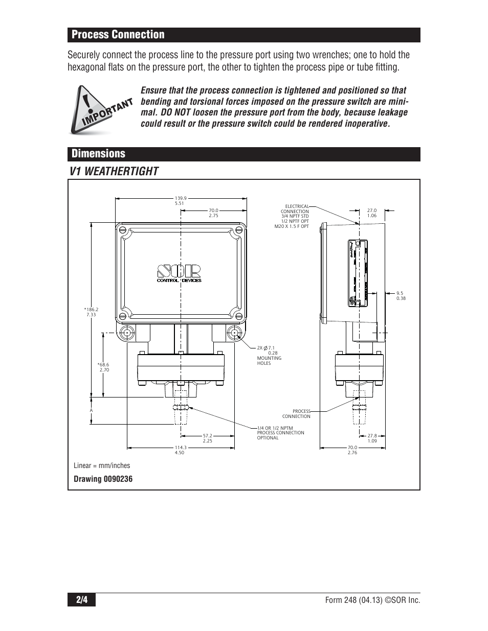 Dimensions, V1 weathertight process connection, Linear = mm/inches | SOR Dual Hi-Lo Weatherproof Pressure Switch User Manual | Page 2 / 4