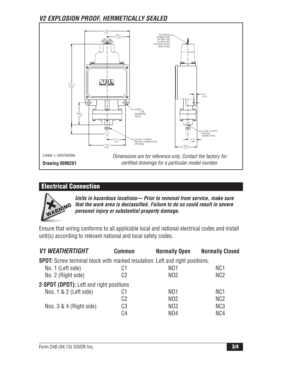 Electrical connection v1 weathertight, V2 explosion proof, hermetically sealed | SOR Dual Hi-Lo Weatherproof Pressure Switch User Manual | Page 3 / 4