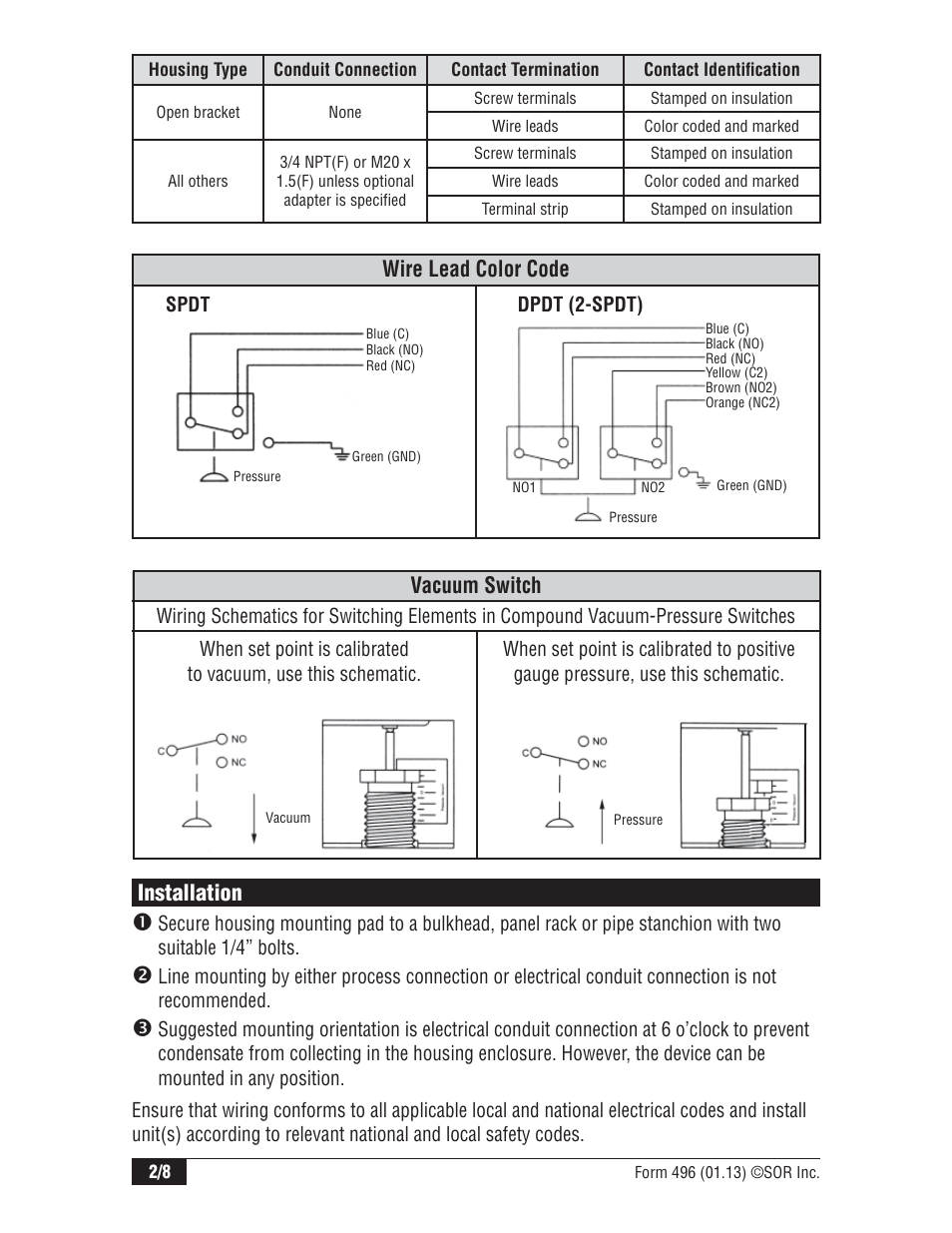 Wire lead color code, Vacuum switch installation | SOR Pivot Seal Weatherproof Pressure Switch User Manual | Page 2 / 8