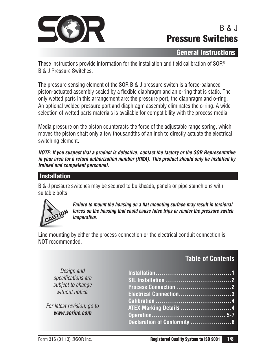 SOR Explosion Proof Pressure Switch UL/CSA/ATEX User Manual | 8 pages