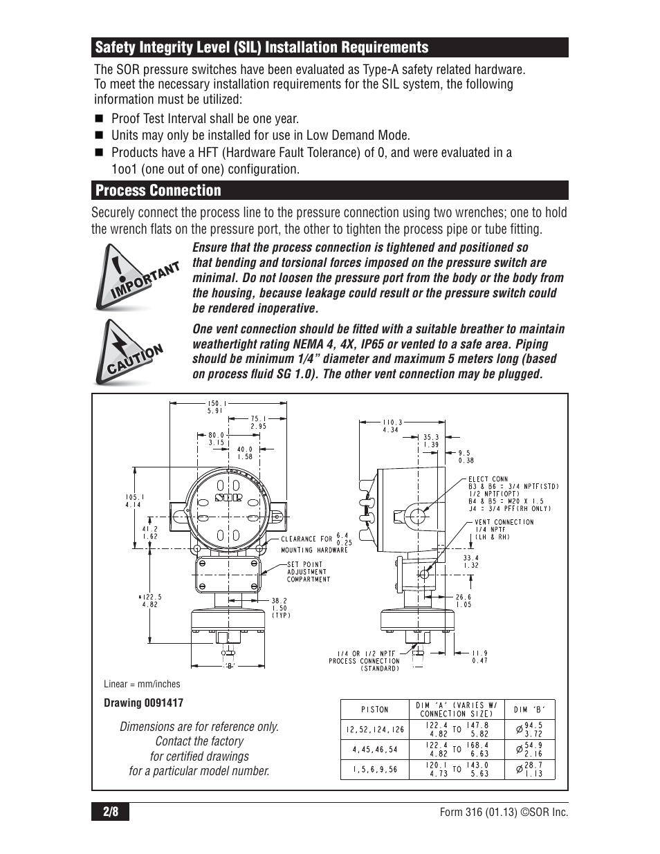 Process connection | SOR Explosion Proof Pressure Switch UL/CSA/ATEX User Manual | Page 2 / 8