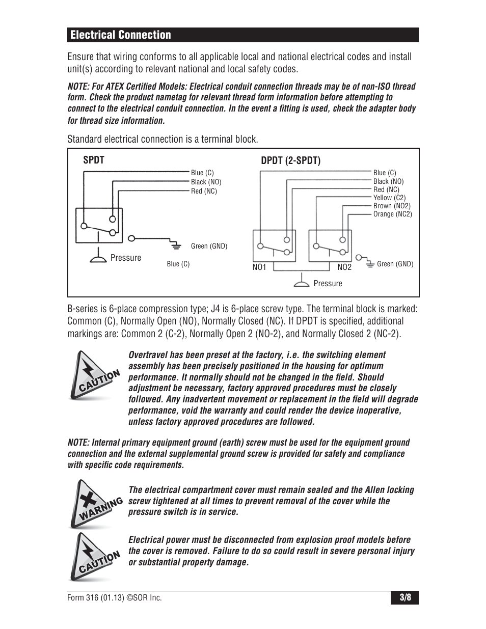 Electrical connection | SOR Explosion Proof Pressure Switch UL/CSA/ATEX User Manual | Page 3 / 8