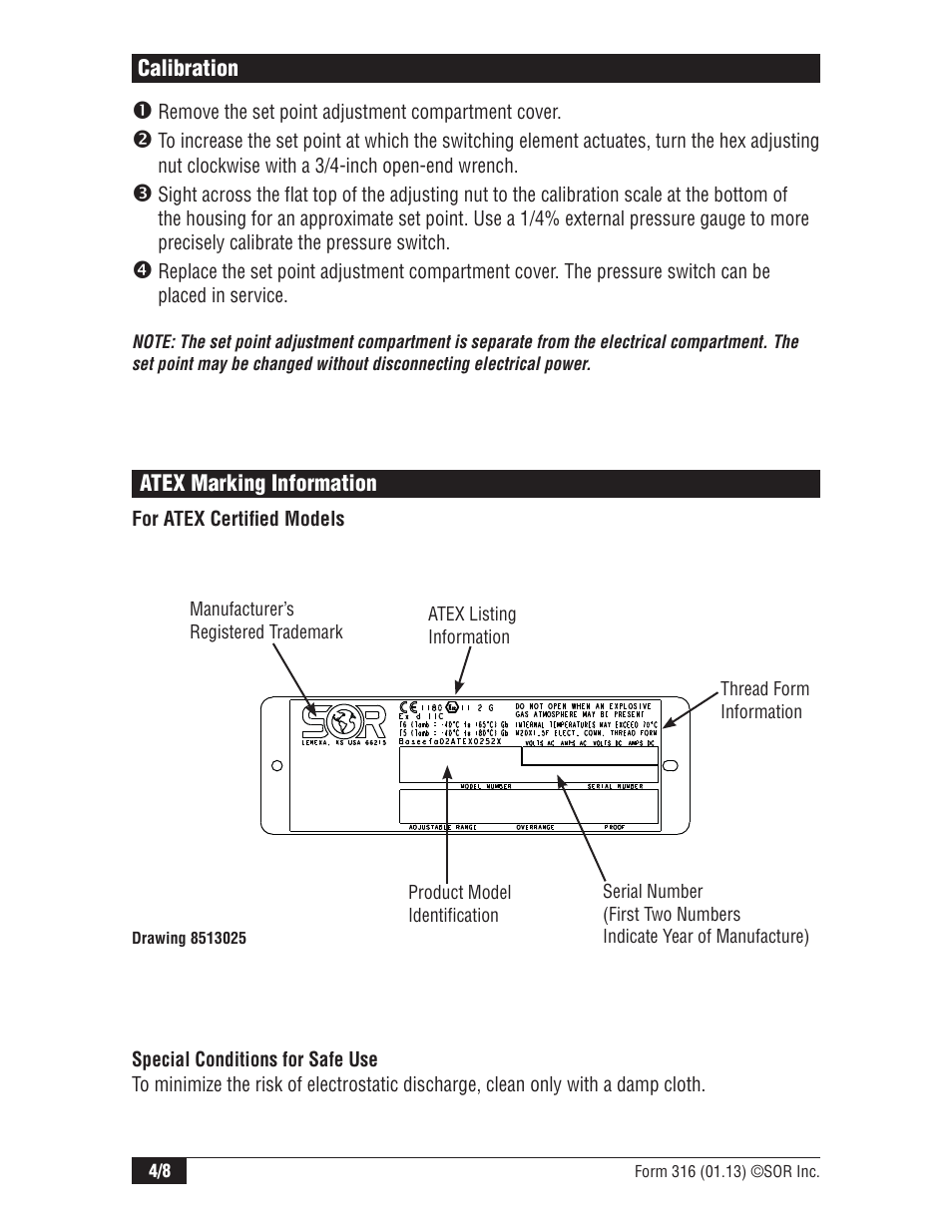 SOR Explosion Proof Pressure Switch UL/CSA/ATEX User Manual | Page 4 / 8