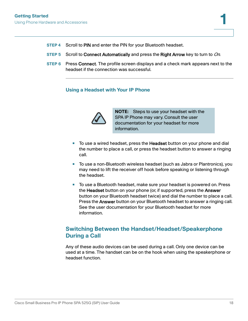 Using a headset with your ip phone | Cisco Cisco Small Business Pro IP Phones SPA 525G User Manual | Page 21 / 104