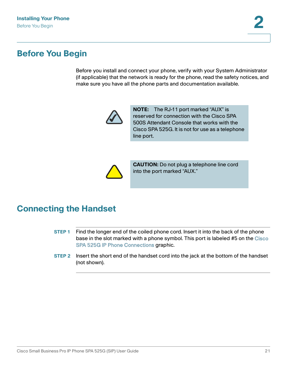 Before you begin, Connecting the handset | Cisco Cisco Small Business Pro IP Phones SPA 525G User Manual | Page 24 / 104