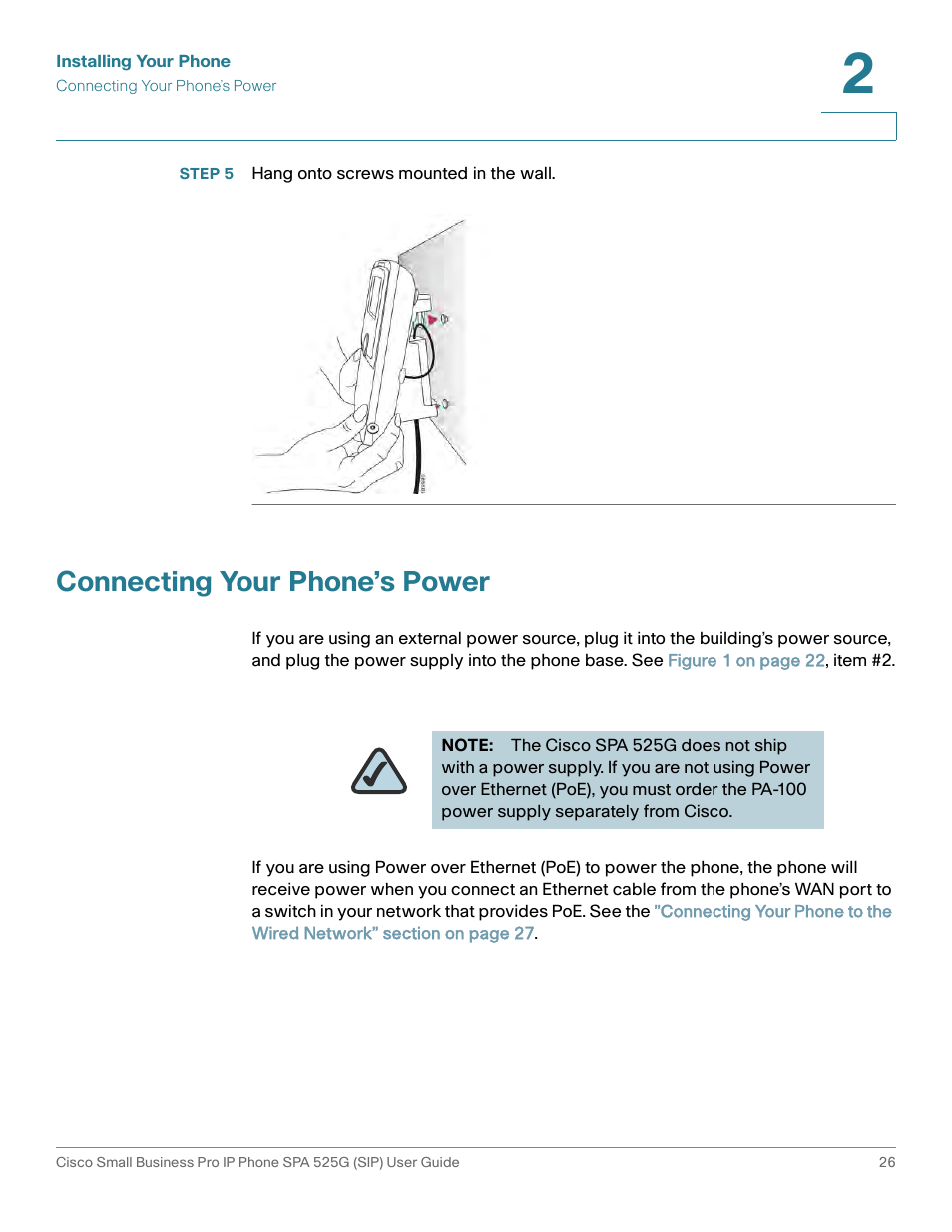 Step 5 hang onto screws mounted in the wall, Connecting your phone’s power | Cisco Cisco Small Business Pro IP Phones SPA 525G User Manual | Page 29 / 104