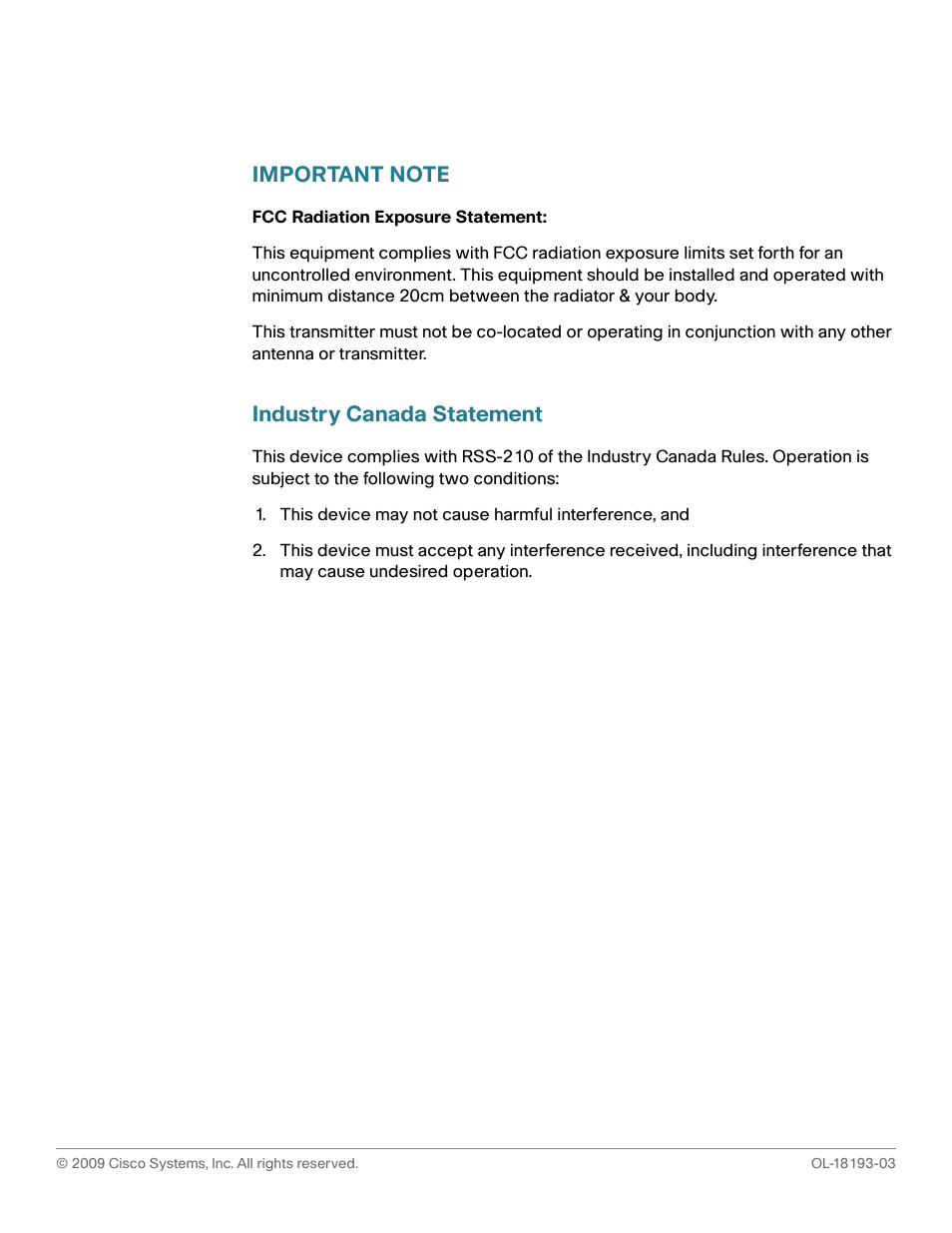 Important note, Fcc radiation exposure statement, Industry canada statement | Cisco Cisco Small Business Pro IP Phones SPA 525G User Manual | Page 3 / 104