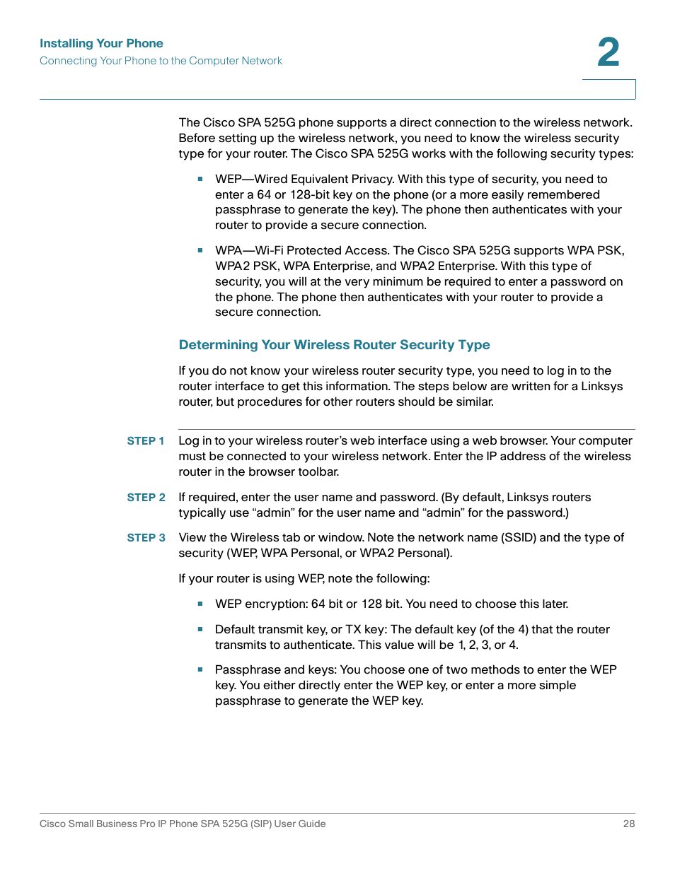 Determining your wireless router security type | Cisco Cisco Small Business Pro IP Phones SPA 525G User Manual | Page 31 / 104
