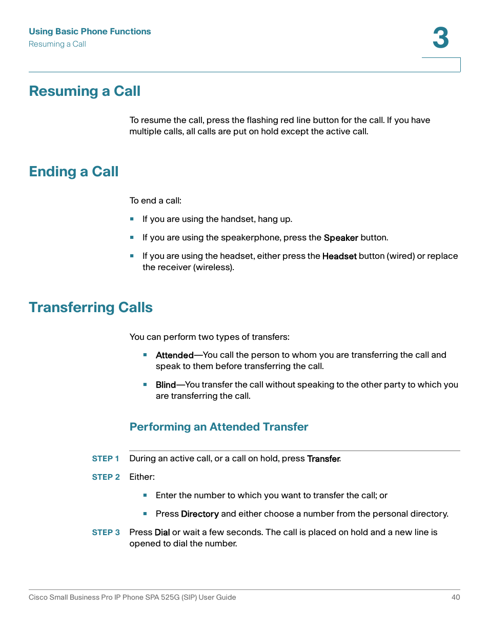 Resuming a call, Ending a call, Transferring calls | Performing an attended transfer, Step 2 either | Cisco Cisco Small Business Pro IP Phones SPA 525G User Manual | Page 43 / 104