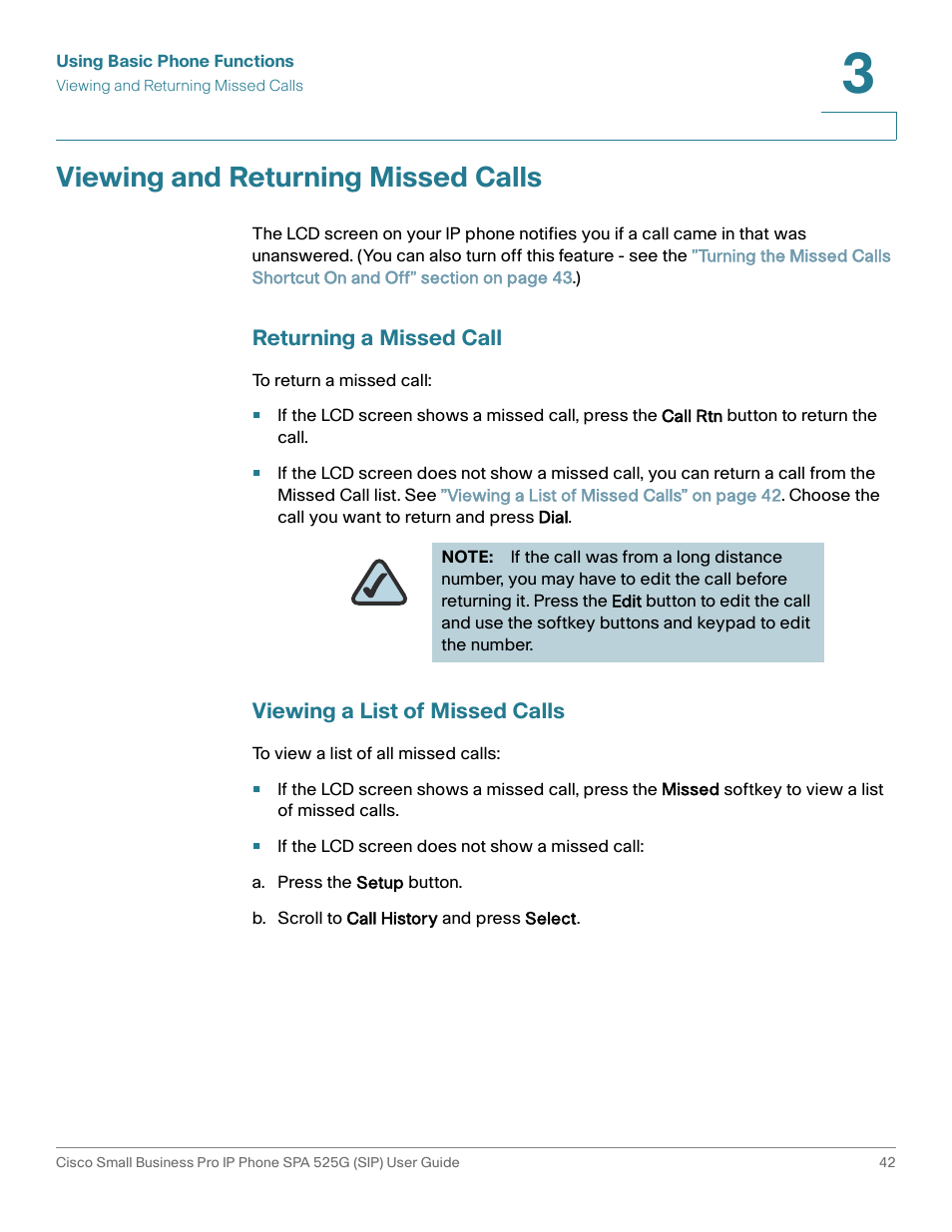 Viewing and returning missed calls, Returning a missed call, Viewing a list of missed calls | A. press the setup button, B. scroll to call history and press select | Cisco Cisco Small Business Pro IP Phones SPA 525G User Manual | Page 45 / 104