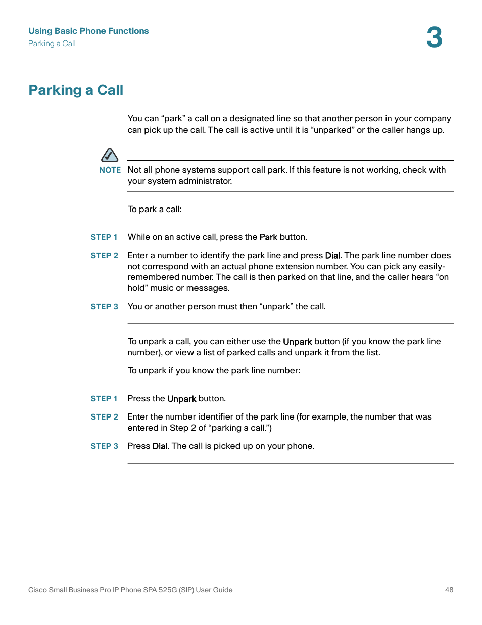 Parking a call, Step 1 press the unpark button, Parking a call,” on | Cisco Cisco Small Business Pro IP Phones SPA 525G User Manual | Page 51 / 104