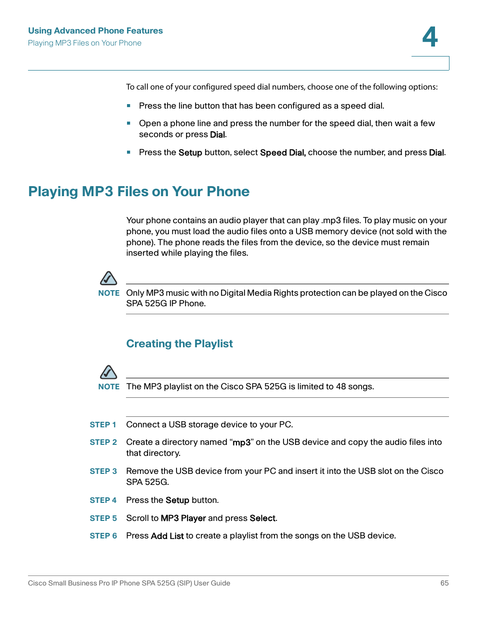 Playing mp3 files on your phone, Creating the playlist, Step 1 connect a usb storage device to your pc | Step 4 press the setup button, Step 5 scroll to mp3 player and press select | Cisco Cisco Small Business Pro IP Phones SPA 525G User Manual | Page 68 / 104