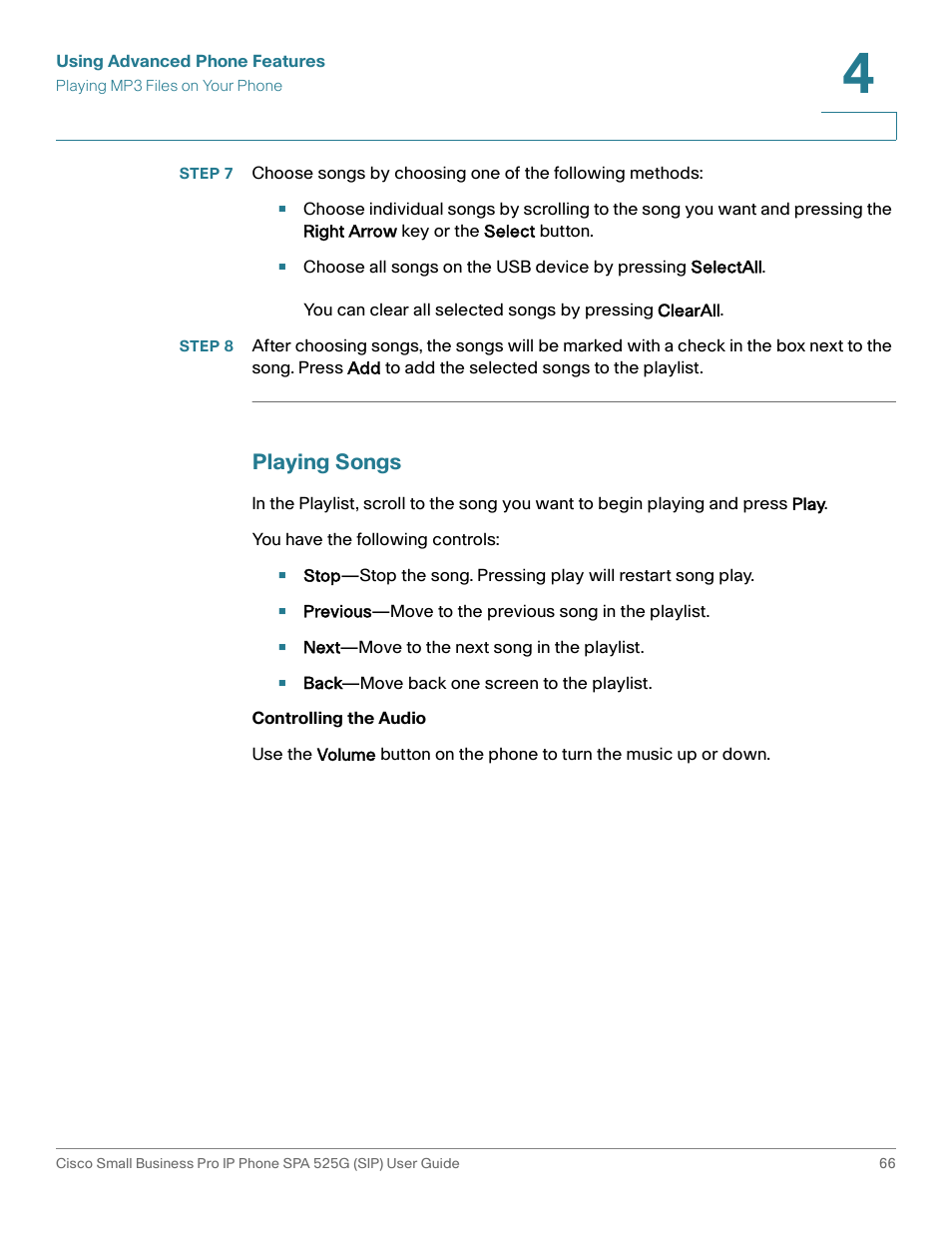 Playing songs, Controlling the audio | Cisco Cisco Small Business Pro IP Phones SPA 525G User Manual | Page 69 / 104