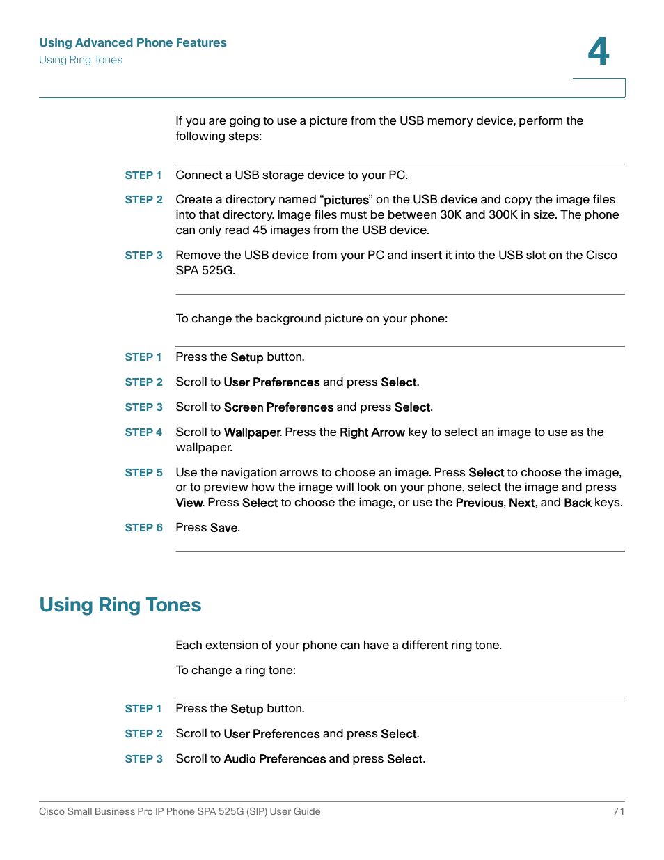Step 1 connect a usb storage device to your pc, Step 1 press the setup button, Step 2 scroll to user preferences and press select | Step 6 press save, Using ring tones | Cisco Cisco Small Business Pro IP Phones SPA 525G User Manual | Page 74 / 104