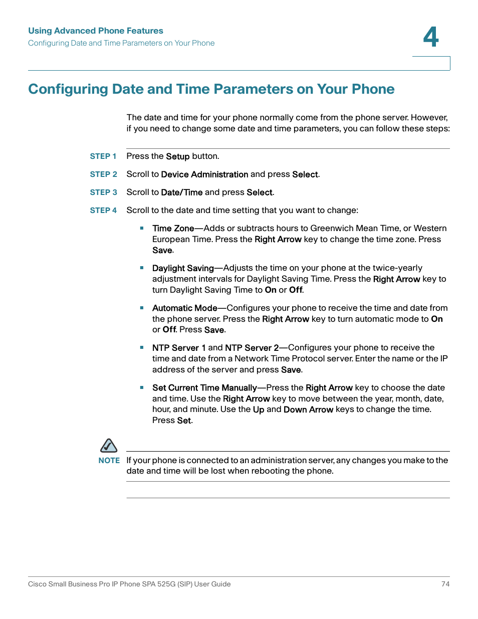 Configuring date and time parameters on your phone, Step 1 press the setup button, Step 3 scroll to date/time and press select | Cisco Cisco Small Business Pro IP Phones SPA 525G User Manual | Page 77 / 104