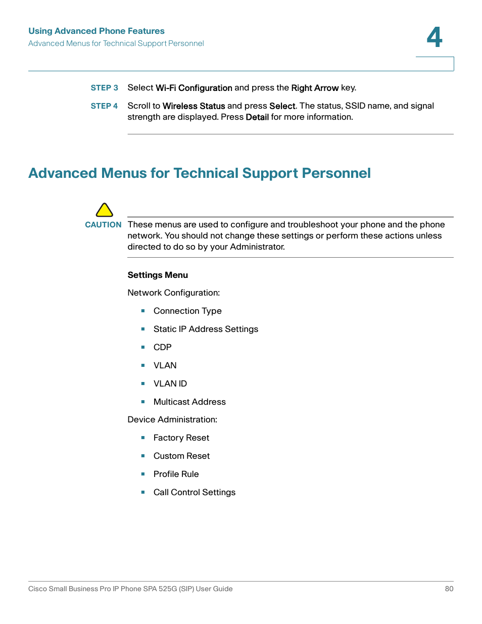 Advanced menus for technical support personnel, Settings menu | Cisco Cisco Small Business Pro IP Phones SPA 525G User Manual | Page 83 / 104