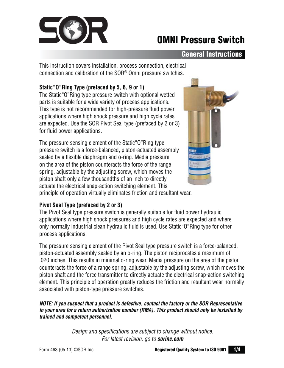 SOR Omni Weatherproof Pressure Switch User Manual | 4 pages